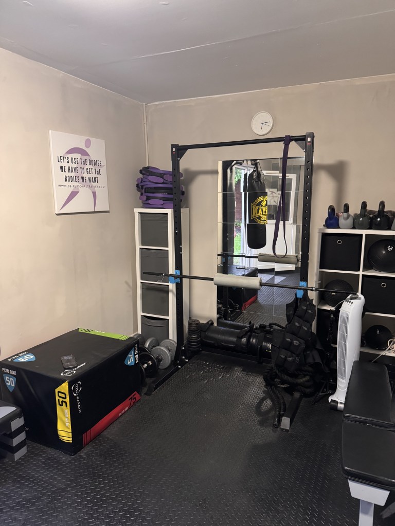Private personal training studio in Meon Vale near Stratford-upon-Avon, with strength training equipment and free weights.